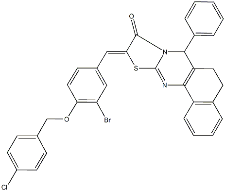 10-{3-bromo-4-[(4-chlorobenzyl)oxy]benzylidene}-7-phenyl-5,7-dihydro-6H-benzo[h][1,3]thiazolo[2,3-b]quinazolin-9(10H)-one Struktur