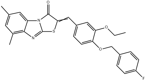 2-{3-ethoxy-4-[(4-fluorobenzyl)oxy]benzylidene}-6,8-dimethyl[1,3]thiazolo[3,2-a]benzimidazol-3(2H)-one Struktur