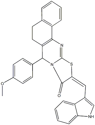 10-(1H-indol-3-ylmethylene)-7-(4-methoxyphenyl)-5,7-dihydro-6H-benzo[h][1,3]thiazolo[2,3-b]quinazolin-9(10H)-one Struktur