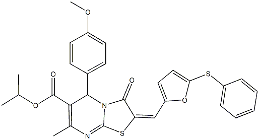 isopropyl 5-(4-methoxyphenyl)-7-methyl-3-oxo-2-{[5-(phenylsulfanyl)-2-furyl]methylene}-2,3-dihydro-5H-[1,3]thiazolo[3,2-a]pyrimidine-6-carboxylate Struktur