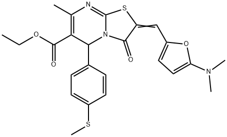 ethyl 2-{[5-(dimethylamino)-2-furyl]methylene}-7-methyl-5-[4-(methylsulfanyl)phenyl]-3-oxo-2,3-dihydro-5H-[1,3]thiazolo[3,2-a]pyrimidine-6-carboxylate Struktur