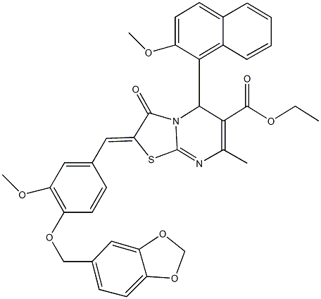 ethyl 2-[4-(1,3-benzodioxol-5-ylmethoxy)-3-methoxybenzylidene]-5-(2-methoxy-1-naphthyl)-7-methyl-3-oxo-2,3-dihydro-5H-[1,3]thiazolo[3,2-a]pyrimidine-6-carboxylate Struktur