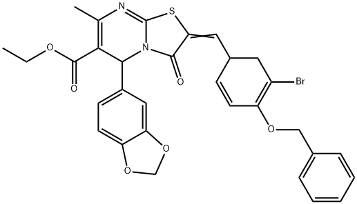 ethyl 5-(1,3-benzodioxol-5-yl)-2-{[4-(benzyloxy)-5-bromo-2,4-cyclohexadien-1-yl]methylene}-7-methyl-3-oxo-2,3-dihydro-5H-[1,3]thiazolo[3,2-a]pyrimidine-6-carboxylate Struktur