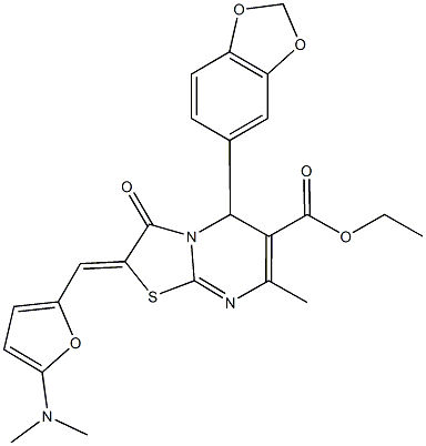 ethyl 5-(1,3-benzodioxol-5-yl)-2-{[5-(dimethylamino)-2-furyl]methylene}-7-methyl-3-oxo-2,3-dihydro-5H-[1,3]thiazolo[3,2-a]pyrimidine-6-carboxylate Struktur