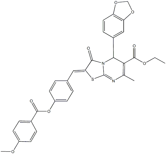 ethyl 5-(1,3-benzodioxol-5-yl)-2-{4-[(4-methoxybenzoyl)oxy]benzylidene}-7-methyl-3-oxo-2,3-dihydro-5H-[1,3]thiazolo[3,2-a]pyrimidine-6-carboxylate Struktur