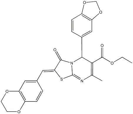 ethyl 5-(1,3-benzodioxol-5-yl)-2-(2,3-dihydro-1,4-benzodioxin-6-ylmethylene)-7-methyl-3-oxo-2,3-dihydro-5H-[1,3]thiazolo[3,2-a]pyrimidine-6-carboxylate Struktur