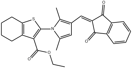 ethyl 2-{3-[(1,3-dioxo-1,3-dihydro-2H-inden-2-ylidene)methyl]-2,5-dimethyl-1H-pyrrol-1-yl}-4,5,6,7-tetrahydro-1-benzothiophene-3-carboxylate Struktur