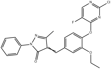 4-{4-[(2-chloro-5-fluoro-4-pyrimidinyl)oxy]-3-ethoxybenzylidene}-5-methyl-2-phenyl-2,4-dihydro-3H-pyrazol-3-one Struktur