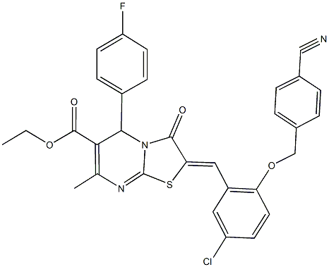 ethyl 2-{5-chloro-2-[(4-cyanobenzyl)oxy]benzylidene}-5-(4-fluorophenyl)-7-methyl-3-oxo-2,3-dihydro-5H-[1,3]thiazolo[3,2-a]pyrimidine-6-carboxylate Struktur