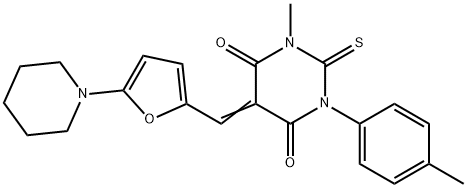 1-methyl-3-(4-methylphenyl)-5-{[5-(1-piperidinyl)-2-furyl]methylene}-2-thioxodihydro-4,6(1H,5H)-pyrimidinedione Struktur