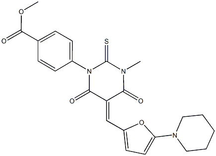 methyl 4-(3-methyl-4,6-dioxo-5-{[5-(1-piperidinyl)-2-furyl]methylene}-2-thioxotetrahydro-1(2H)-pyrimidinyl)benzoate Struktur