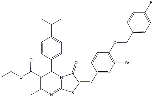 ethyl 2-{3-bromo-4-[(4-fluorobenzyl)oxy]benzylidene}-5-(4-isopropylphenyl)-7-methyl-3-oxo-2,3-dihydro-5H-[1,3]thiazolo[3,2-a]pyrimidine-6-carboxylate Struktur