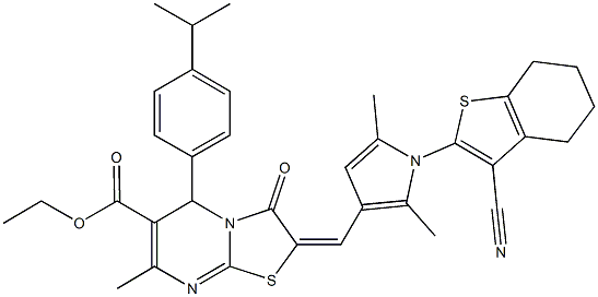 ethyl 2-{[1-(3-cyano-4,5,6,7-tetrahydro-1-benzothien-2-yl)-2,5-dimethyl-1H-pyrrol-3-yl]methylene}-5-(4-isopropylphenyl)-7-methyl-3-oxo-2,3-dihydro-5H-[1,3]thiazolo[3,2-a]pyrimidine-6-carboxylate Struktur