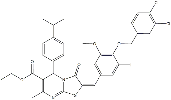 ethyl 2-{4-[(3,4-dichlorobenzyl)oxy]-3-iodo-5-methoxybenzylidene}-5-(4-isopropylphenyl)-7-methyl-3-oxo-2,3-dihydro-5H-[1,3]thiazolo[3,2-a]pyrimidine-6-carboxylate Struktur