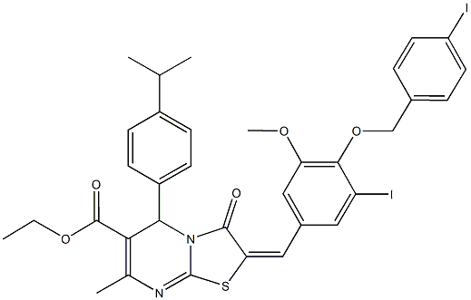 ethyl 2-{3-iodo-4-[(4-iodobenzyl)oxy]-5-methoxybenzylidene}-5-(4-isopropylphenyl)-7-methyl-3-oxo-2,3-dihydro-5H-[1,3]thiazolo[3,2-a]pyrimidine-6-carboxylate Struktur