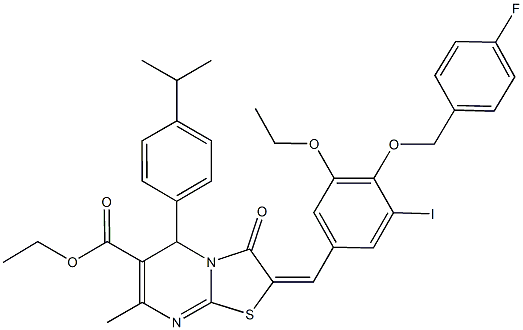 ethyl 2-{3-ethoxy-4-[(4-fluorobenzyl)oxy]-5-iodobenzylidene}-5-(4-isopropylphenyl)-7-methyl-3-oxo-2,3-dihydro-5H-[1,3]thiazolo[3,2-a]pyrimidine-6-carboxylate Struktur