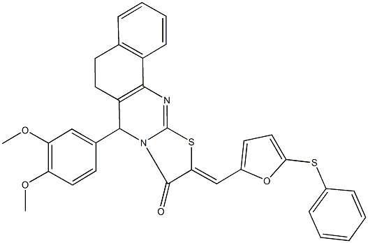 7-(3,4-dimethoxyphenyl)-10-{[5-(phenylsulfanyl)-2-furyl]methylene}-5,7-dihydro-6H-benzo[h][1,3]thiazolo[2,3-b]quinazolin-9(10H)-one Struktur