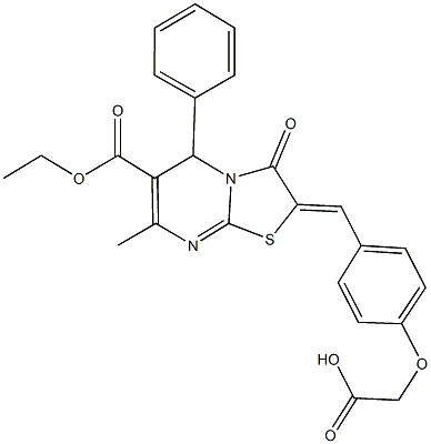 {4-[(6-(ethoxycarbonyl)-7-methyl-3-oxo-5-phenyl-5H-[1,3]thiazolo[3,2-a]pyrimidin-2(3H)-ylidene)methyl]phenoxy}acetic acid Struktur