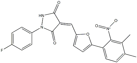 1-(4-fluorophenyl)-4-[(5-{2-nitro-3,4-dimethylphenyl}-2-furyl)methylene]-3,5-pyrazolidinedione Struktur