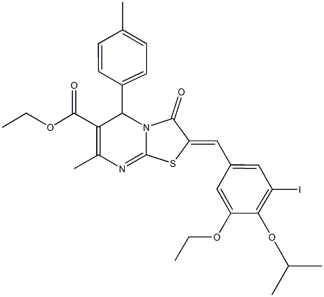 ethyl 2-(3-ethoxy-5-iodo-4-isopropoxybenzylidene)-7-methyl-5-(4-methylphenyl)-3-oxo-2,3-dihydro-5H-[1,3]thiazolo[3,2-a]pyrimidine-6-carboxylate Struktur