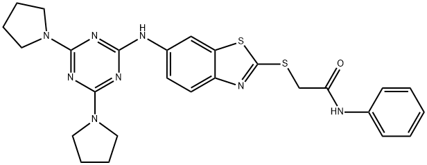 2-[(6-{[4,6-di(1-pyrrolidinyl)-1,3,5-triazin-2-yl]amino}-1,3-benzothiazol-2-yl)sulfanyl]-N-phenylacetamide Struktur