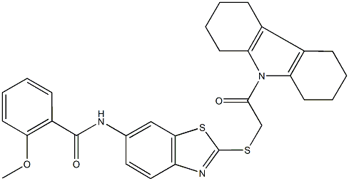 2-methoxy-N-(2-{[2-(1,2,3,4,5,6,7,8-octahydro-9H-carbazol-9-yl)-2-oxoethyl]sulfanyl}-1,3-benzothiazol-6-yl)benzamide Struktur