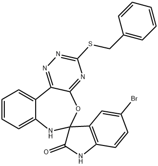 5-bromo-3'-(benzylsulfanyl)-1,3,6',7'-tetrahydrospiro[2H-indole-3,6'-[1,2,4]triazino[5,6-d][3,1]benzoxazepine]-2-one Struktur