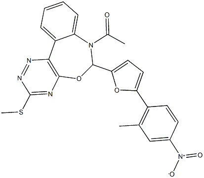 7-acetyl-6-(5-{4-nitro-2-methylphenyl}-2-furyl)-3-(methylsulfanyl)-6,7-dihydro[1,2,4]triazino[5,6-d][3,1]benzoxazepine Struktur