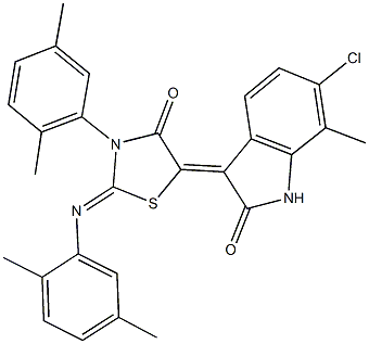 6-chloro-3-{3-(2,5-dimethylphenyl)-2-[(2,5-dimethylphenyl)imino]-4-oxo-1,3-thiazolidin-5-ylidene}-7-methyl-1,3-dihydro-2H-indol-2-one Struktur