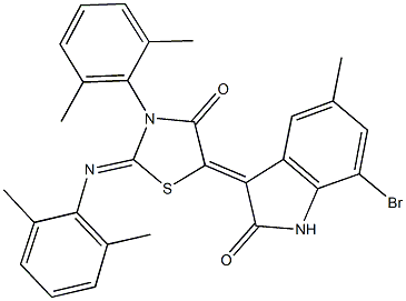 7-bromo-3-{3-(2,6-dimethylphenyl)-2-[(2,6-dimethylphenyl)imino]-4-oxo-1,3-thiazolidin-5-ylidene}-5-methyl-1,3-dihydro-2H-indol-2-one Struktur