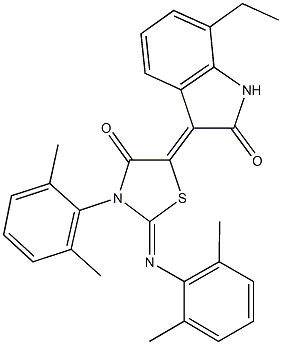 3-{3-(2,6-dimethylphenyl)-2-[(2,6-dimethylphenyl)imino]-4-oxo-1,3-thiazolidin-5-ylidene}-7-ethyl-1,3-dihydro-2H-indol-2-one Struktur