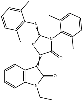 3-{3-(2,6-dimethylphenyl)-2-[(2,6-dimethylphenyl)imino]-4-oxo-1,3-thiazolidin-5-ylidene}-1-ethyl-1,3-dihydro-2H-indol-2-one Struktur