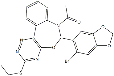 7-acetyl-6-(6-bromo-1,3-benzodioxol-5-yl)-3-(ethylsulfanyl)-6,7-dihydro[1,2,4]triazino[5,6-d][3,1]benzoxazepine Struktur