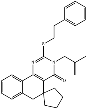 3-(2-methyl-2-propenyl)-2-[(2-phenylethyl)sulfanyl]-5,6-dihydrospiro(benzo[h]quinazoline-5,1'-cyclopentane)-4(3H)-one Struktur