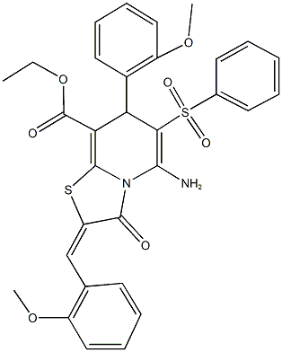 ethyl 5-amino-2-(2-methoxybenzylidene)-7-(2-methoxyphenyl)-3-oxo-6-(phenylsulfonyl)-2,3-dihydro-7H-[1,3]thiazolo[3,2-a]pyridine-8-carboxylate Struktur