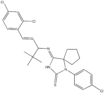 4-{[1-tert-butyl-3-(2,4-dichlorophenyl)-2-propenyl]imino}-1-(4-chlorophenyl)-1,3-diazaspiro[4.4]nonane-2-thione Struktur