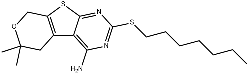 2-(heptylsulfanyl)-6,6-dimethyl-5,8-dihydro-6H-pyrano[4',3':4,5]thieno[2,3-d]pyrimidin-4-amine Struktur