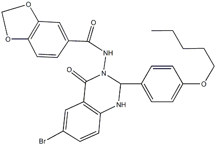 N-(6-bromo-4-oxo-2-[4-(pentyloxy)phenyl]-1,4-dihydro-3(2H)-quinazolinyl)-1,3-benzodioxole-5-carboxamide Struktur