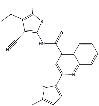 N-(3-cyano-4-ethyl-5-methyl-2-thienyl)-2-(5-methyl-2-furyl)-4-quinolinecarboxamide Struktur