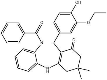 10-benzoyl-11-(3-ethoxy-4-hydroxyphenyl)-3,3-dimethyl-2,3,4,5,10,11-hexahydro-1H-dibenzo[b,e][1,4]diazepin-1-one Struktur