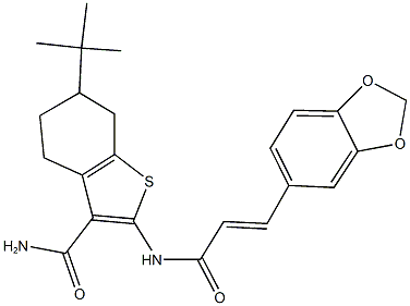 2-{[3-(1,3-benzodioxol-5-yl)acryloyl]amino}-6-tert-butyl-4,5,6,7-tetrahydro-1-benzothiophene-3-carboxamide Struktur