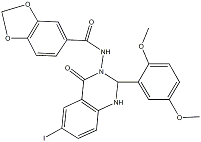 N-(2-(2,5-dimethoxyphenyl)-6-iodo-4-oxo-1,4-dihydro-3(2H)-quinazolinyl)-1,3-benzodioxole-5-carboxamide Struktur