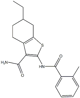 6-ethyl-2-[(2-methylbenzoyl)amino]-4,5,6,7-tetrahydro-1-benzothiophene-3-carboxamide Struktur