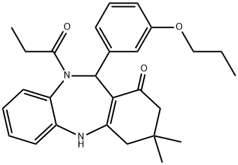 3,3-dimethyl-10-propionyl-11-(3-propoxyphenyl)-2,3,4,5,10,11-hexahydro-1H-dibenzo[b,e][1,4]diazepin-1-one Struktur