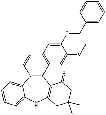 10-acetyl-11-[4-(benzyloxy)-3-methoxyphenyl]-3,3-dimethyl-2,3,4,5,10,11-hexahydro-1H-dibenzo[b,e][1,4]diazepin-1-one Struktur