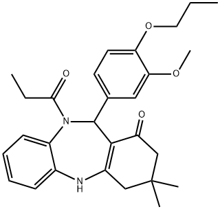 11-(3-methoxy-4-propoxyphenyl)-3,3-dimethyl-10-propionyl-2,3,4,5,10,11-hexahydro-1H-dibenzo[b,e][1,4]diazepin-1-one Struktur