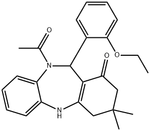 10-acetyl-11-(2-ethoxyphenyl)-3,3-dimethyl-2,3,4,5,10,11-hexahydro-1H-dibenzo[b,e][1,4]diazepin-1-one Struktur