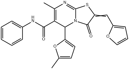 2-(2-furylmethylene)-7-methyl-5-(5-methyl-2-furyl)-3-oxo-N-phenyl-2,3-dihydro-5H-[1,3]thiazolo[3,2-a]pyrimidine-6-carboxamide Struktur