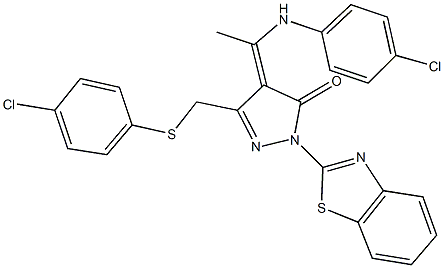 2-(1,3-benzothiazol-2-yl)-4-[1-(4-chloroanilino)ethylidene]-5-{[(4-chlorophenyl)sulfanyl]methyl}-2,4-dihydro-3H-pyrazol-3-one Struktur