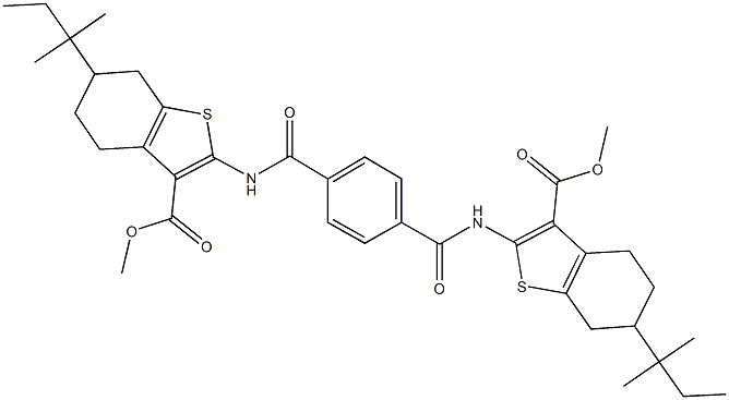 methyl 2-{[4-({[3-(methoxycarbonyl)-6-tert-pentyl-4,5,6,7-tetrahydro-1-benzothien-2-yl]amino}carbonyl)benzoyl]amino}-6-tert-pentyl-4,5,6,7-tetrahydro-1-benzothiophene-3-carboxylate Struktur